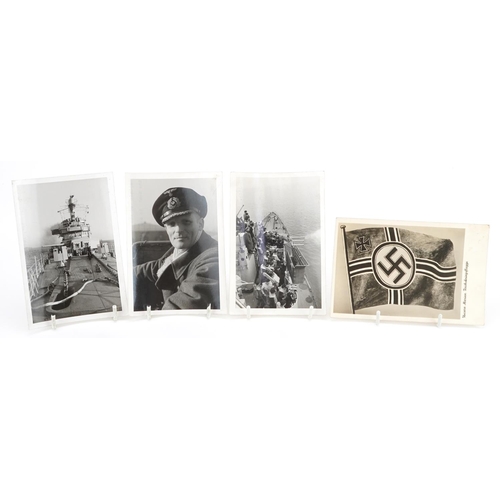 2487 - Three German military Third Reich photographs and a postcard including German cruiser Nurnberg taken... 