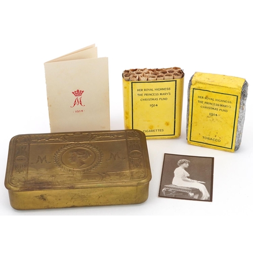 2466 - British military World War I brass Mary tin with cigarettes, tobacco and card with photographs from ... 