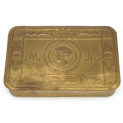 2466 - British military World War I brass Mary tin with cigarettes, tobacco and card with photographs from ... 