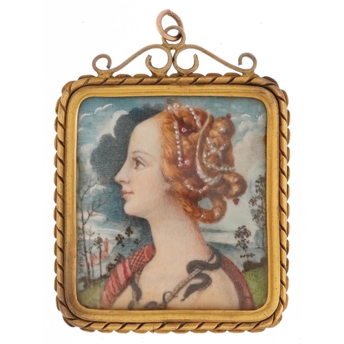 152 - 19th century European portrait miniature hand painted with a female before a landscape, the miniatur... 