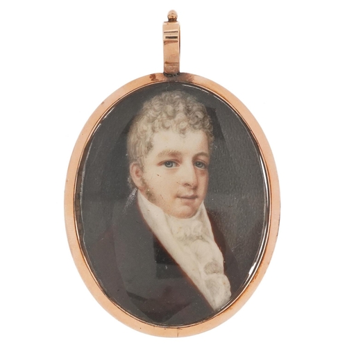 151 - 19th century oval hand painted portrait miniature of a gentleman housed in an unmarked gold pendant ... 