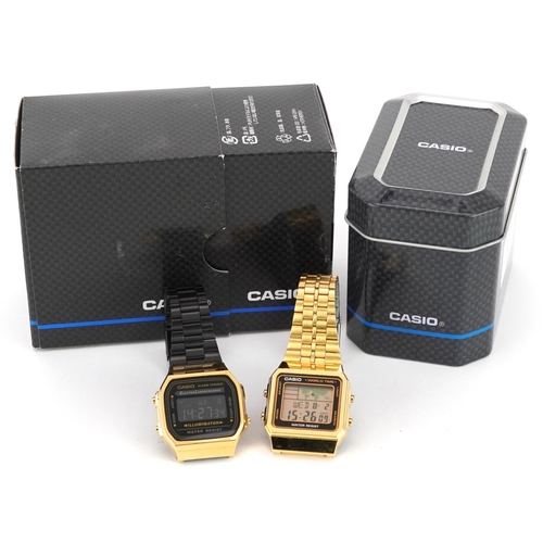 3899 - Casio, two gentlemen's digital wristwatches with boxes and paperwork models 3298 and 3437