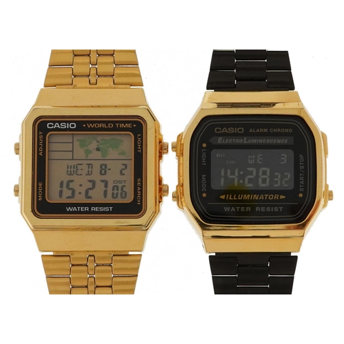 3899 - Casio, two gentlemen's digital wristwatches with boxes and paperwork models 3298 and 3437