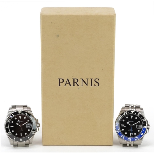 3905 - Parnis, two gentlemen's automatic wristwatches with date apertures, one with box and paperwork, each... 
