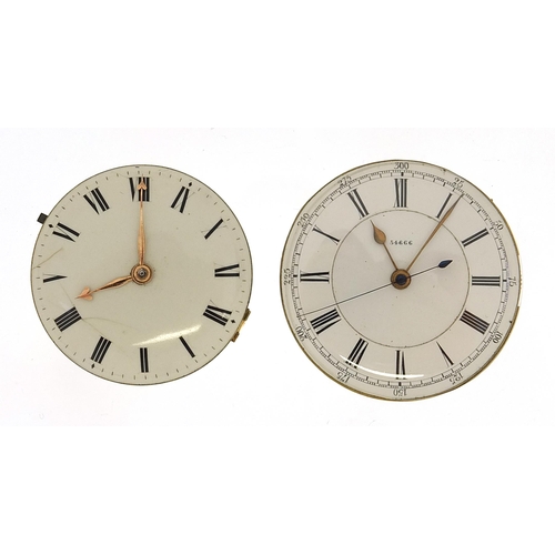 3953 - Two antique pocket watch movements, one fusee by Dwerrihouse & Carter, 45mm and 40.5mm in diameter