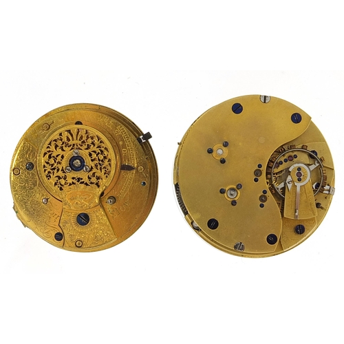 3953 - Two antique pocket watch movements, one fusee by Dwerrihouse & Carter, 45mm and 40.5mm in diameter