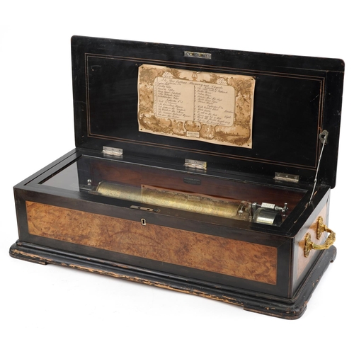 129 - Nicol Freres, good large 19th century Swiss inlaid burr walnut and ebonised music box with gilt meta... 
