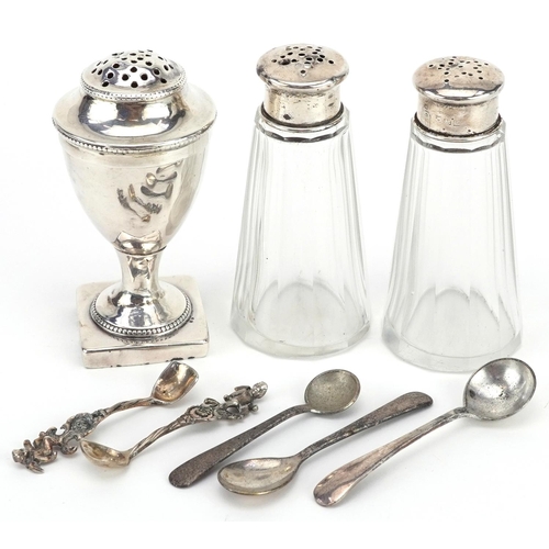 336 - Georgian and later silver and white metal objects including a George III silver caster London 1787 a... 