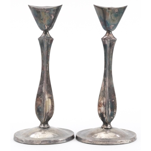 193 - Pair of stylish Danish silver candlesticks, J H S Denmark stamp, 20cm high