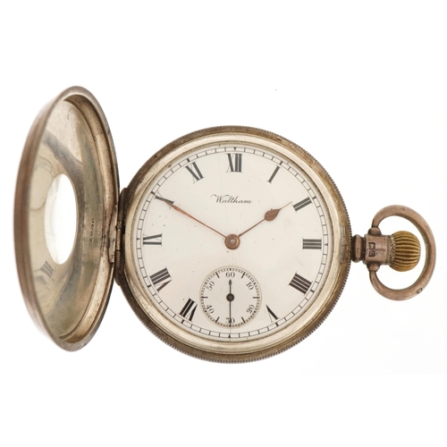 3930 - Waltham, gentlemen's silver American Waltham Traveller half hunter pocket watch with enamelled dial,... 