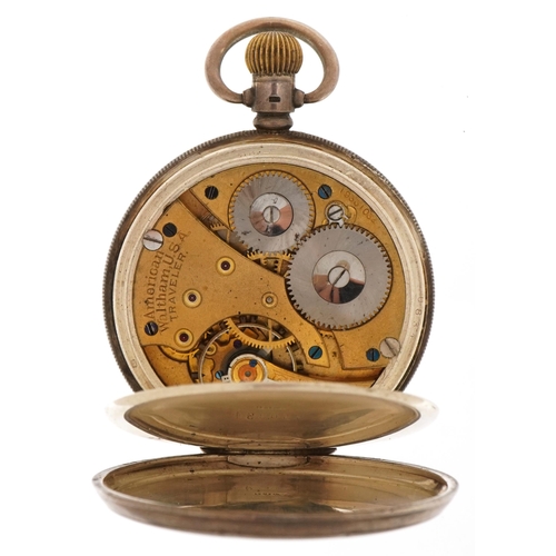 3930 - Waltham, gentlemen's silver American Waltham Traveller half hunter pocket watch with enamelled dial,... 