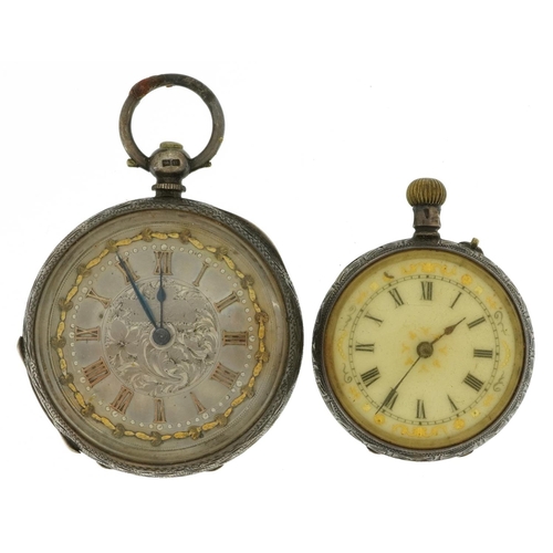 3941 - Two ladies engraved silver open face pocket watches, one with ornate silvered dial, the largest 40mm... 