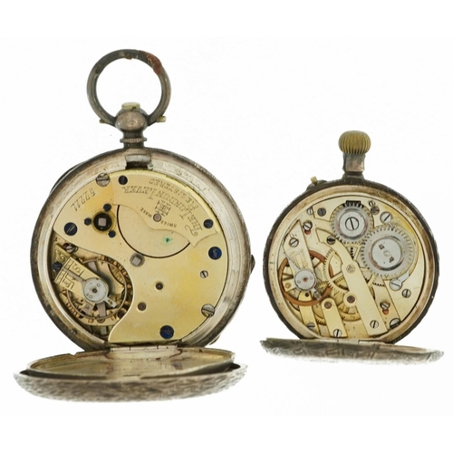 3941 - Two ladies engraved silver open face pocket watches, one with ornate silvered dial, the largest 40mm... 