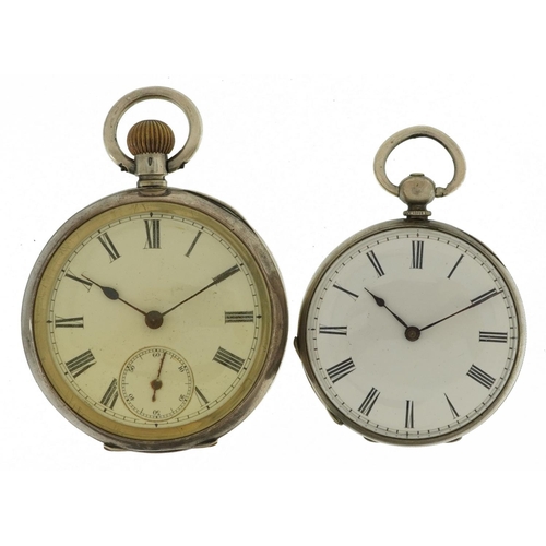 3938 - Two silver open face pocket watches with enamelled dials, the largest 48.0mm in diameter