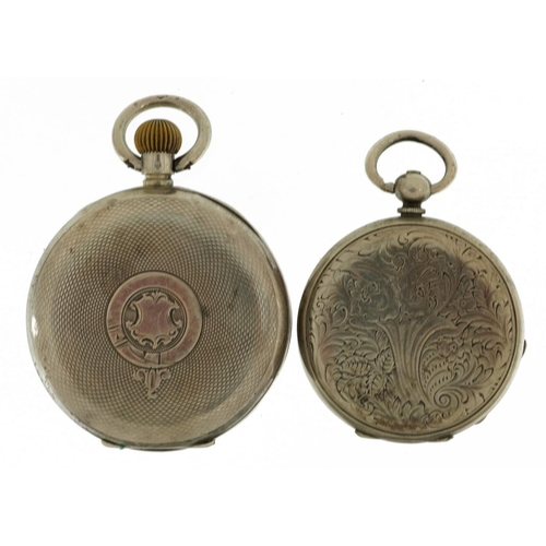 3938 - Two silver open face pocket watches with enamelled dials, the largest 48.0mm in diameter