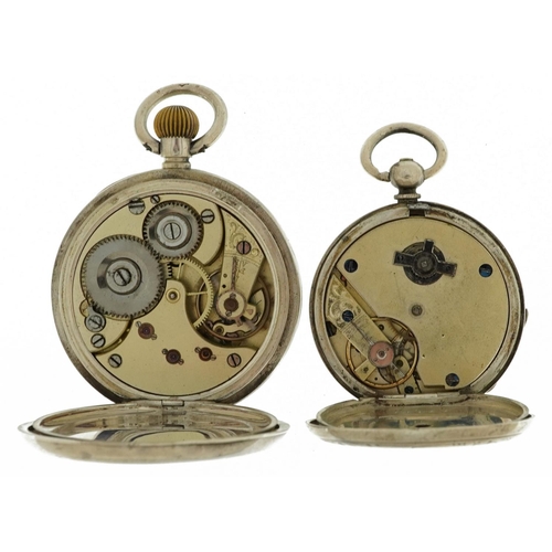 3938 - Two silver open face pocket watches with enamelled dials, the largest 48.0mm in diameter