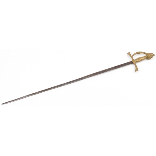 2501 - Military interest rapier type sword with engraved steel blade and brass handle, 97cm in length