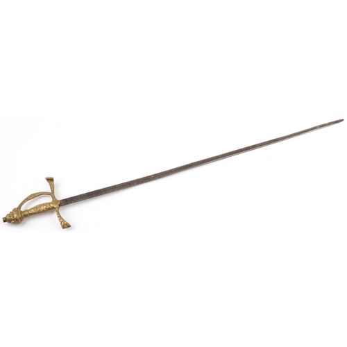 2501 - Military interest rapier type sword with engraved steel blade and brass handle, 97cm in length