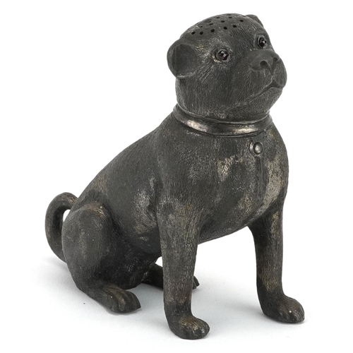 439 - Novelty pewter caster in the form of a Bulldog with red glass eyes, 10cm high