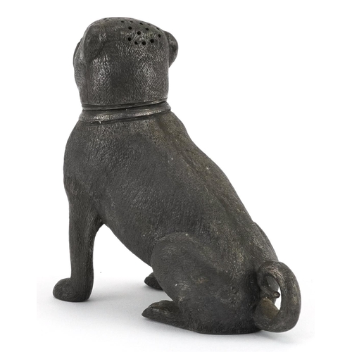 439 - Novelty pewter caster in the form of a Bulldog with red glass eyes, 10cm high