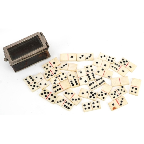 372 - 19th century set of prisoner of war carved bone Dominoes with container, each Domino approximately 1... 