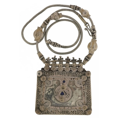 248 - Indian unmarked silver amulet on necklace, the amulet 8.5cm x 8cm, 89.4g