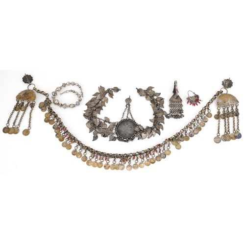 253 - Tribal interest unmarked silver and white metal jewellery including Indian drop earring set with red... 