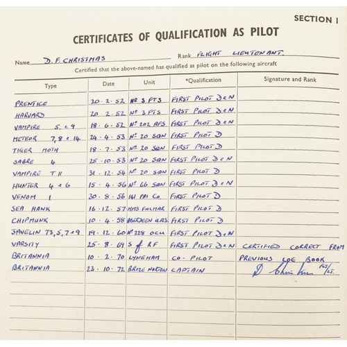 2454 - Military interest Royal Air Force flying log book relating Flight Lieutenant Donald Frank Christmas ... 