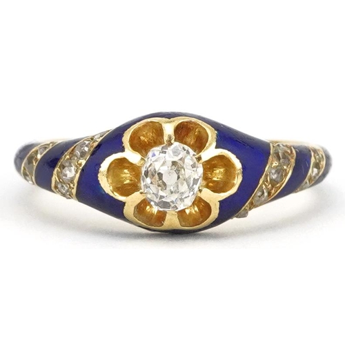 Victorian 18ct gold diamond and blue enamel ring, the central diamond approximately 4.10mm in diameter, indistinct maker's mark, possibly T P, size O, 3.8g