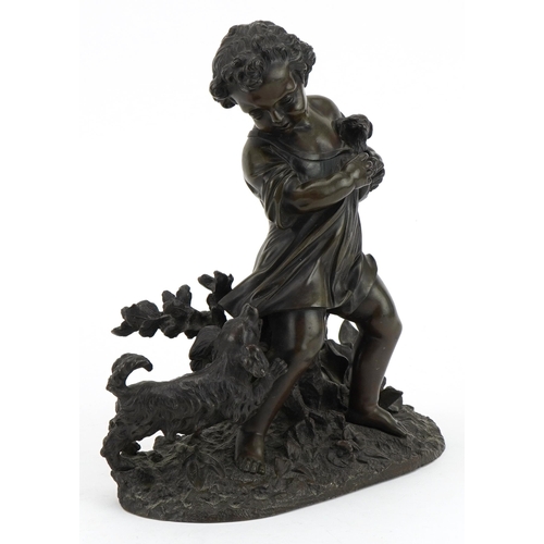 71 - 19th century patinated bronze group of a young child with two dogs, impressed 14863 to the reverse, ... 