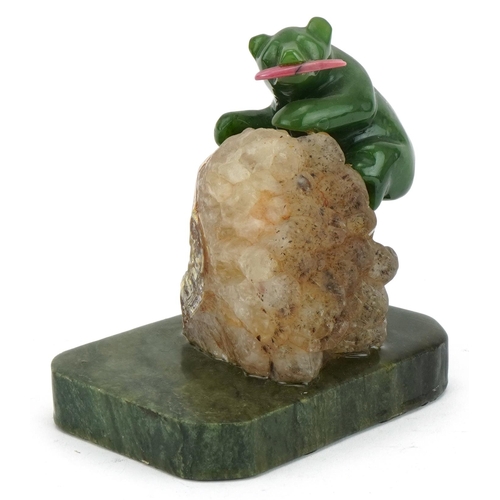 441 - Faberge style green hardstone and quartz carving of a bear with it's catch, 13cm high