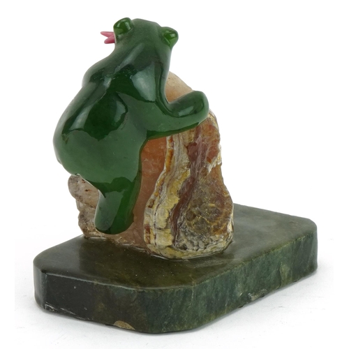 441 - Faberge style green hardstone and quartz carving of a bear with it's catch, 13cm high