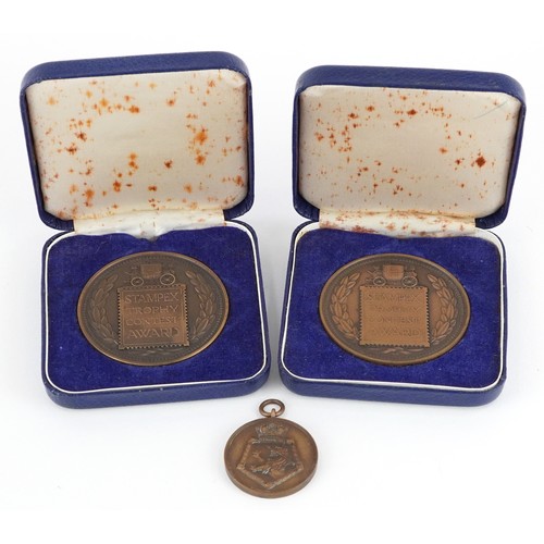 2579 - Two Stampex Trophy Contest bronze award medallions and a runner's up medal