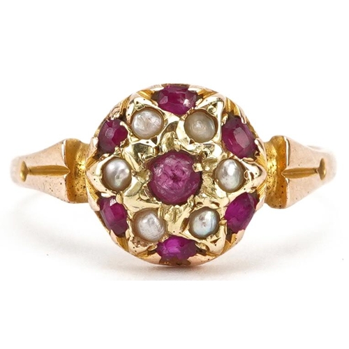 Antique 15ct gold ruby and seed pearl cluster ring, size O, 2.9g