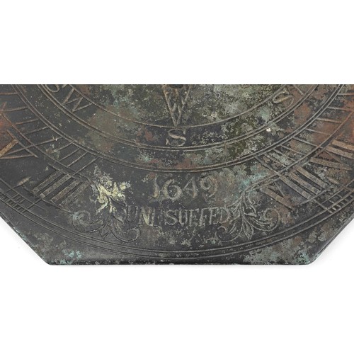 292 - 17th century bronze sundial Unesuffed 1649, 18cm in diameter