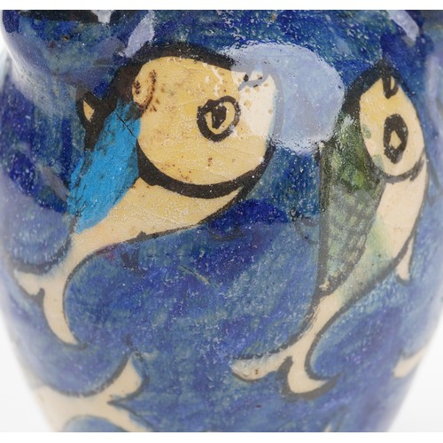 380 - Persian Qajar pottery Tulip vase hand painted with fish, 18cm high