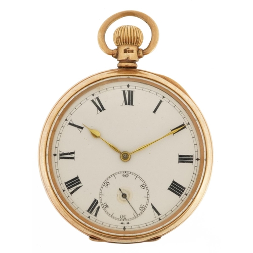 3923 - Gentlemen's 9ct gold open face pocket watch with enamelled dial, Birmingham 1915, 49.5mm in diameter... 