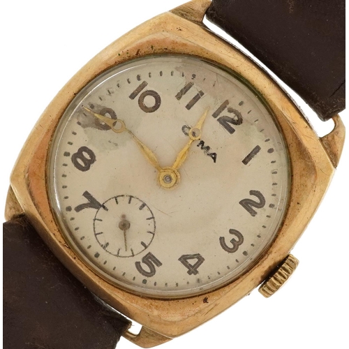 3849 - Cyma, gentlemen's 9ct gold manual wristwatch with subsidiary dial, the case 27.2mm wide