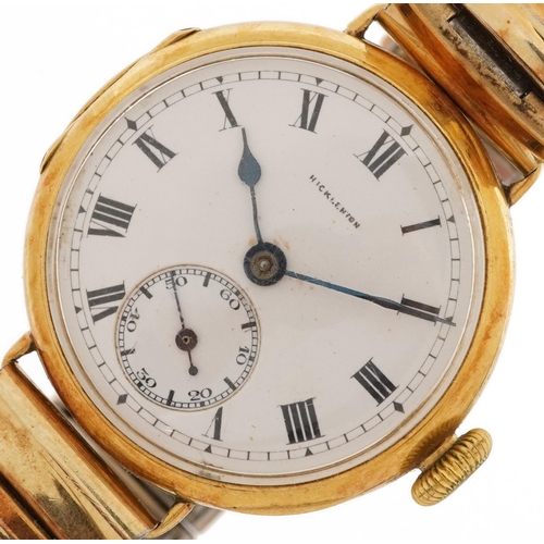 3822 - 18ct gold gentlemen's manual trench type wristwatch with subsidiary dial retailed by Hicklenton, 33m... 