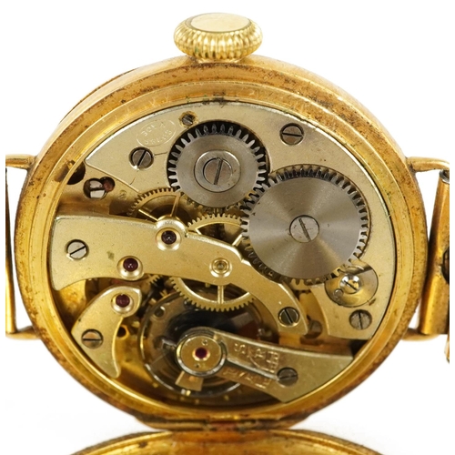 3822 - 18ct gold gentlemen's manual trench type wristwatch with subsidiary dial retailed by Hicklenton, 33m... 