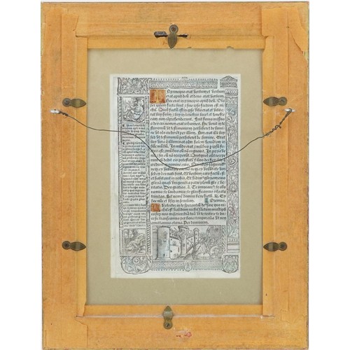 64 - Antique illuminated Latin manuscript leaf from Book of Hours, possibly 16th century, mounted, framed... 
