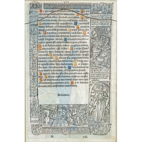 65 - Antique illuminated Latin manuscript leaf from Book of Hours, possibly 16th century, mounted, framed... 