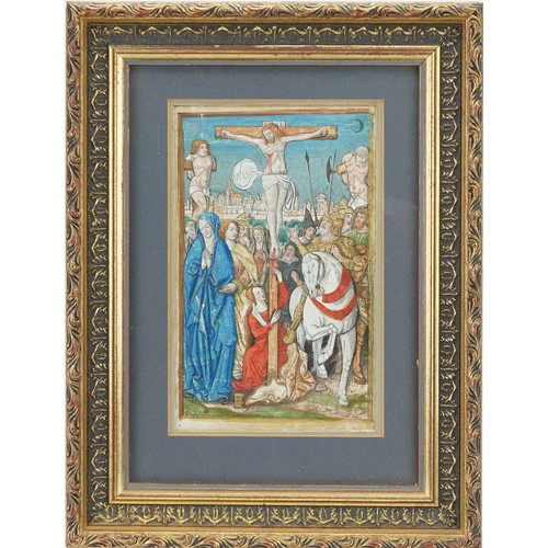 66 - Antique illuminated Latin manuscript leaf from Book of Hours, possibly 16th century, mounted, framed... 