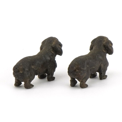 437 - Pair of miniature patinated bronze Spaniels, each 3.5cm in length