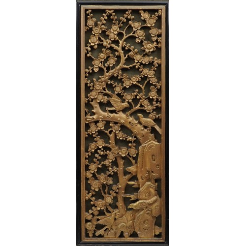 267 - Large Chinese carved gilt wood panel depicting birds amongst trees, framed, 101cm x 36cm excluding t... 