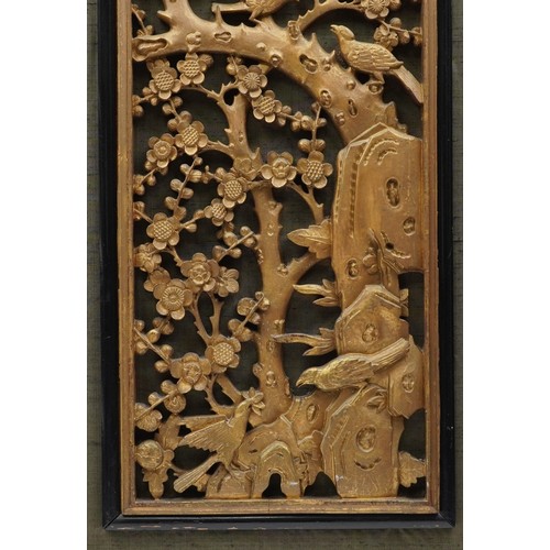 267 - Large Chinese carved gilt wood panel depicting birds amongst trees, framed, 101cm x 36cm excluding t... 