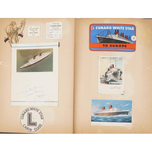 2718 - Good collection of Cunard White Star Line shipping ephemera arranged in a scrap book, predominantly ... 