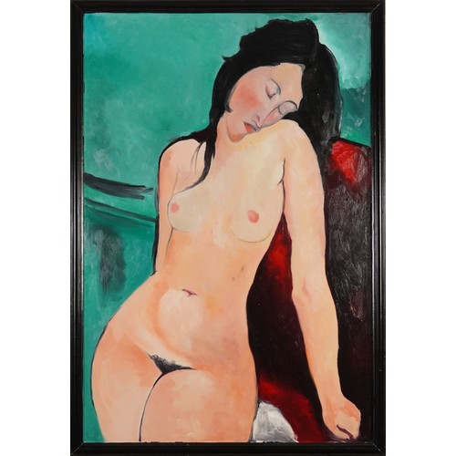 395 - Clive Fredriksson after Amedeo Modigliani - Nude female, Impressionist oil on board, framed, 90.5cm ... 