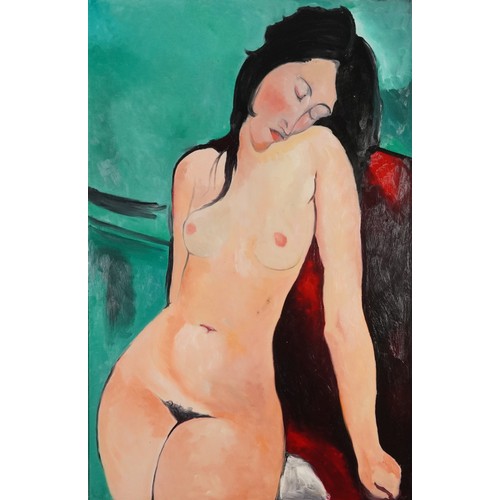 395 - Clive Fredriksson after Amedeo Modigliani - Nude female, Impressionist oil on board, framed, 90.5cm ... 