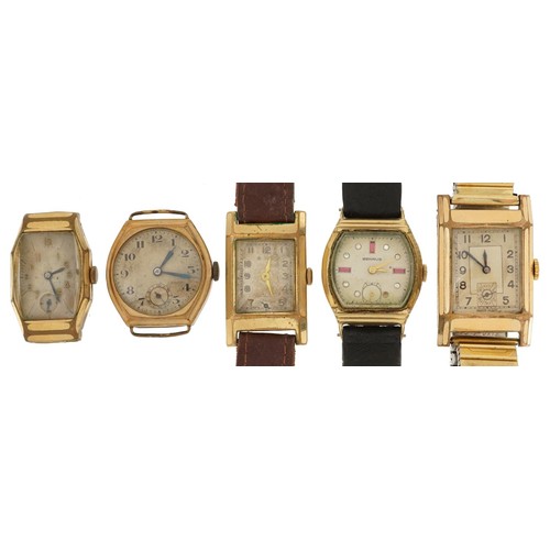 3890 - Five Art Deco and vintage gold plated wristwatches including Benrus